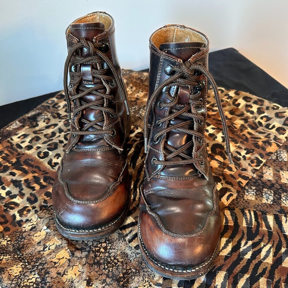 Frye Wmns 7.5 Vintage Brown Leather Lace-up Boots distressed boho cottagecore - Picture 2 of 12